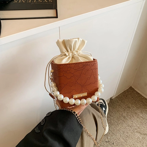 Damen Vintage Spitzenstruktur Quadratische Schultertasche Perlengriff Kette Umhängetasche Kordelzug Beutel Stilvolle Handtasche
