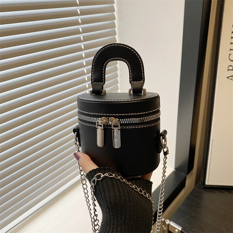Mini Borsa a Secchiello Cilindrica in Pelle PU di Nicchia per Donna Cuciture a Contrasto Eleganti Tracolla a Catena Stile INS