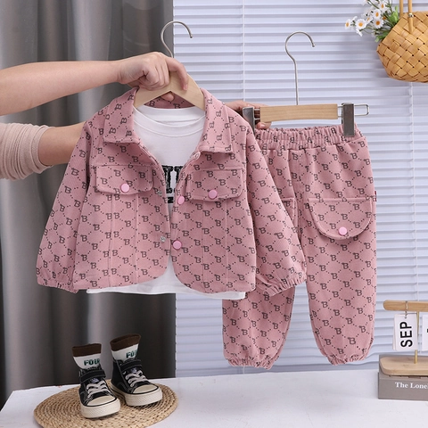 Set Tre Pezzi in Velluto a Coste per Bambina Giacca T-Shirt e Pantaloni Con Stampa Monogramma Autunno Primavera