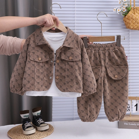 Set Tre Pezzi in Velluto a Coste per Bambina Giacca T-Shirt e Pantaloni Con Stampa Monogramma Autunno Primavera