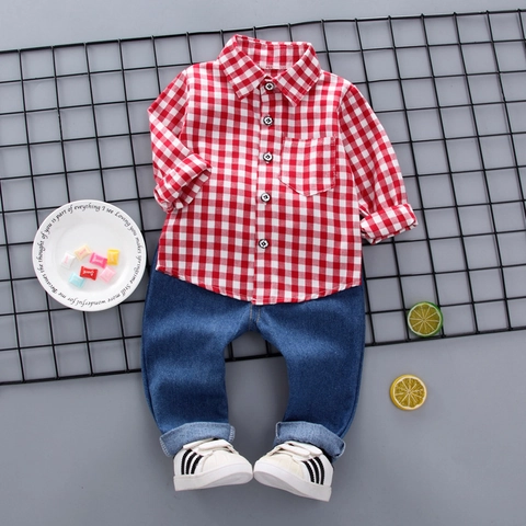 Completo da Bambino Due Pezzi Camicia a Quadri a Maniche Lunghe e Pantaloni di Denim Set Casual Stile Coreano Primavera Autunno