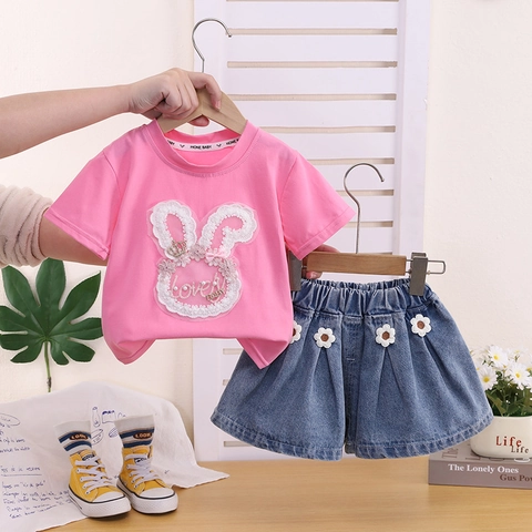 Toddler Girls Summer Clothing Set Cartoon Bunny Short Sleeve Cotton T-Shirt And Denim Skirt Two Piece Princess Casual Outfit