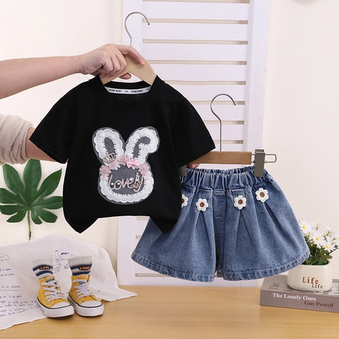 Toddler Girls Summer Clothing Set Cartoon Bunny Short Sleeve Cotton T-Shirt And Denim Skirt Two Piece Princess Casual Outfit