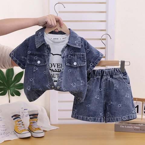 Set da 3 Pezzi in Denim per Bambini Completo Estivo Giacca a Maniche Corte T-Shirt Con Stampa Orso e Pantaloncini Stile Coreano