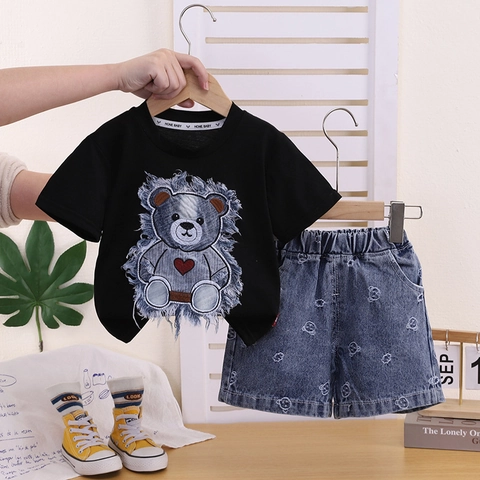 Girls Summer Casual Clothing Bear Patch Short Sleeve T-Shirt And Denim Shorts Top And Pants For Kids