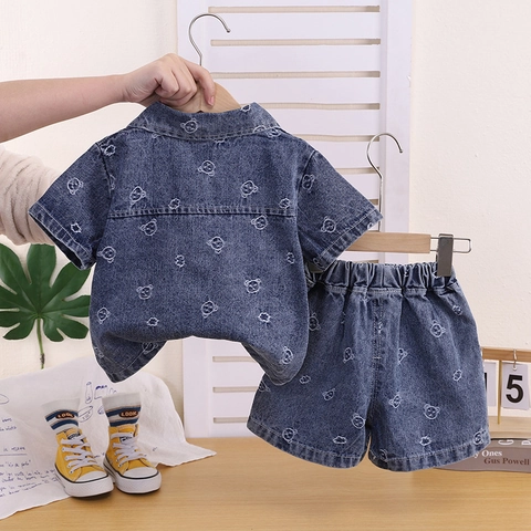 Set da 3 Pezzi in Denim per Bambini Completo Estivo Giacca a Maniche Corte T-Shirt Con Stampa Orso e Pantaloncini Stile Coreano