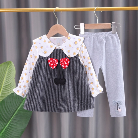 Baby Mädchen Süßes Baumwolle Zweiteiler Set Langarm Floral Falsches Zweiteiler Top Und Passende Graue Hose Alltag Outfit