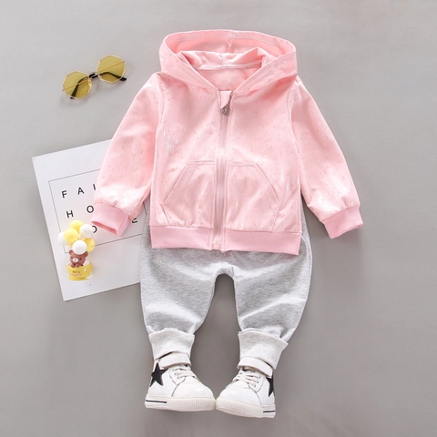 Completo da Bambina in Stile Coreano con Giacca con Cappuccio e Pantaloni Set di Due Pezzi in Cotone Abbigliamento Autunnale Sportivo Casual