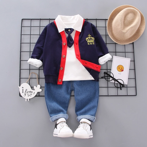 Boys 3 Piece Clothing Set Cotton Embroidered Knit Cardigan White Shirt Denim Pants For Spring Autumn Casual Outfit