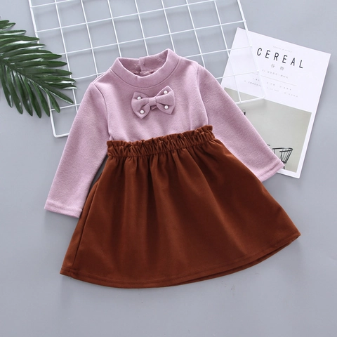 Ensemble Pull en Tricot et Jupe Plissée pour Fille Noeud et Perles Artificielles Manches Longues en Coton Tenue de Printemps