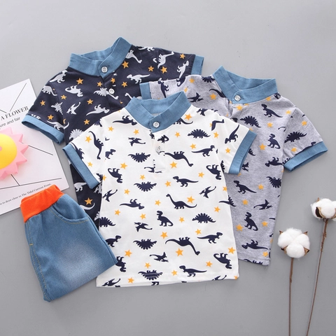 Jungen Sommer Kurzarm Polo Hemd Und Shorts Set Dinosaurier Stern Druck Baumwolle Casual Kinder Outfit Für Täglich Outdoor
