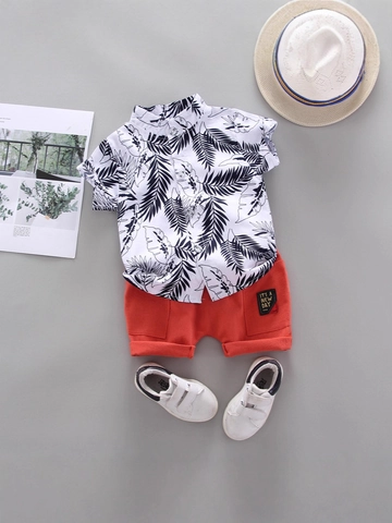 Jungen Tropisches Blatt Druck Kurzarm Stehkragen Hemd Und Shorts Set Sommer Lässig Leicht Mode Outfit Für Kinder
