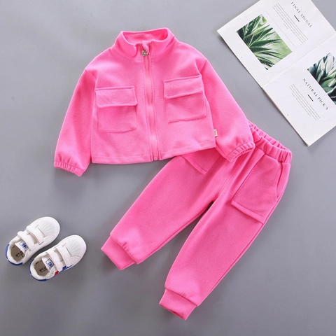 Girls Casual Cotton Long Sleeve Sportswear Set Korean Style Solid Color Zip Up Jacket And Jogger Pants Set For Children