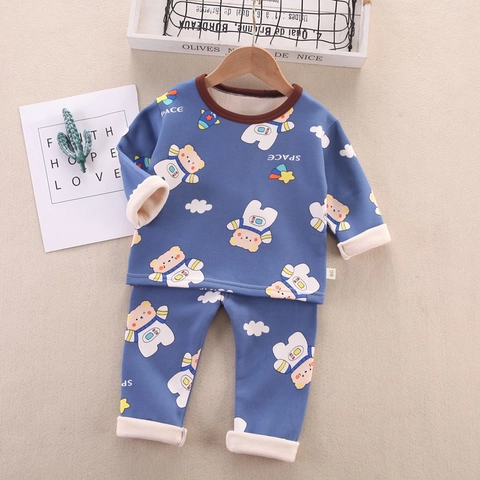 Set Intimo Termico Caldo per Bambini Stampa Orso Astronauta con Peluche Ispessito Maglia a Maniche Lunghe e Pantaloni per Inverno