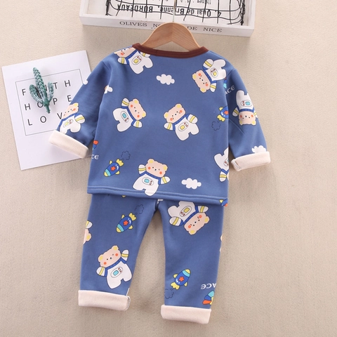 Set Intimo Termico Caldo per Bambini Stampa Orso Astronauta con Peluche Ispessito Maglia a Maniche Lunghe e Pantaloni per Inverno