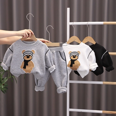 Conjunto Casual de Algodón Gofre para Niños Sudadera y Pantalón de Deporte con Aplique de Oso de Dibujos Animados