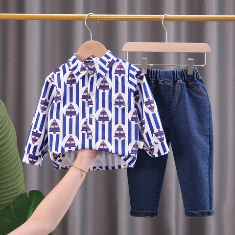 Toddler Boys Long Sleeve Striped Shirt And Denim Pants Christmas Tree Printed Clothes For Autumn Spring Boys Clothing