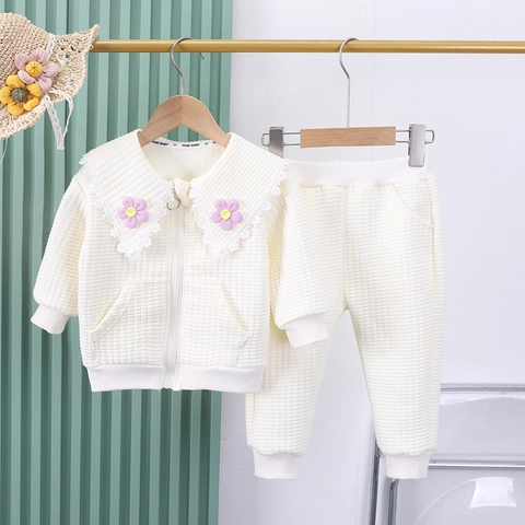 Completo da Bambina in Maglia a Nido d'Ape Giacca con Cerniera e Collo in Pizzo Pantaloni Elastici in Cotone Casual