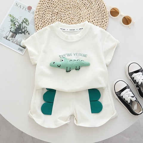 Toddler Boys Summer Cotton Clothing Cartoon Crocodile Print Short Sleeve T-Shirt And Shorts Outfit For Casual Daily Wear