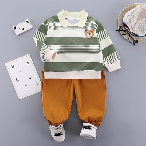 Toddler Boy Casual Outfit Striped Polo Long Sleeve Pullover And Brown Trousers Soft Cotton Spring Autumn Fashion Clothes