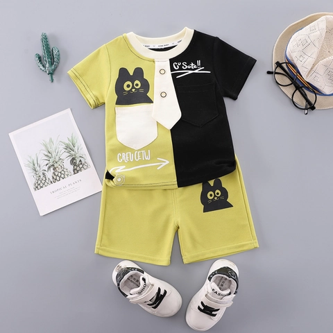 Zomer Peuter Jongens Katoenen Kleding T-Shirt Met Korte Mouwen En Shorts Kleurblok Cartoon Kat Print Casual Outfit
