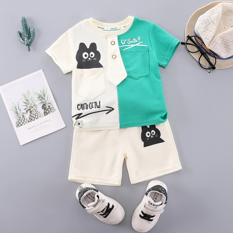 Zomer Peuter Jongens Katoenen Kleding T-Shirt Met Korte Mouwen En Shorts Kleurblok Cartoon Kat Print Casual Outfit