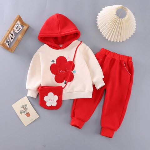 Toddler Girls Fleece Hoodie Set Winter Thickened Floral Applique Hooded Sweatshirt And Pants Warm Baby Clothes Two Piece Outfit