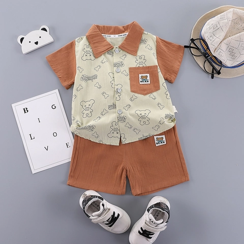 Niños Pequeños Verano Dibujos Animados Oso Impresión Manga Corta Cárdigan Camisa Y Pantalones Cortos Ropa Casual Matcha Amarillo Blanco