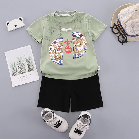 Boys Chinese Style Hanfu Summer Set Cotton Short Sleeve Dragon Printed Top And Shorts Toddler Retro Tang Suit Outfits
