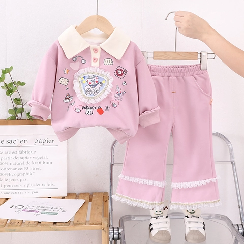 Set Felpa e Pantaloni Rosa Dolce per Bambina Stampa Orso Cartone Animato Bordo in Pizzo Colletto Polo Cotone Casual Manica Lunga Due Pezzi