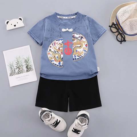 Boys Chinese Style Hanfu Summer Set Cotton Short Sleeve Dragon Printed Top And Shorts Toddler Retro Tang Suit Outfits