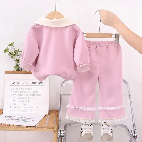 Set Felpa e Pantaloni Rosa Dolce per Bambina Stampa Orso Cartone Animato Bordo in Pizzo Colletto Polo Cotone Casual Manica Lunga Due Pezzi