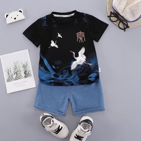 Boys Summer Chinese Style Clothing Set Cotton Short Sleeve Crane Print T-Shirt And Denim Shorts Casual Kids Outfit
