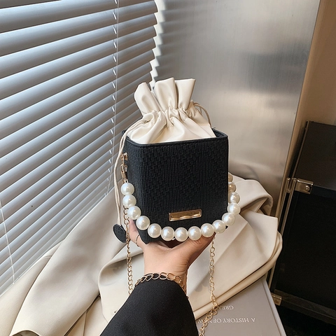 Women Fashion PU Weave Texture Bucket Bag With Artificial Pearl Handle Gold Chain Strap Mini Square Shoulder Bag Crossbody Handbag
