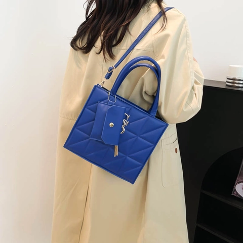 Women Quilted PU Leather Small Square Bag With Tassel Letter Metal Pendant Fashion Shoulder Crossbody Handbag With Mini Pouch