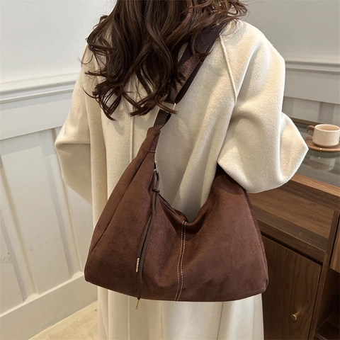 Women Retro Large Capacity Hobo Shoulder Bag Fashion Solid Color PU Leather Tote Bag Commuter Crossbody Bag With Stitching