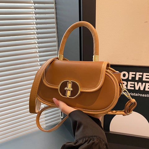 Französischer Vintage PU Leder Umhängetasche Für Damen Retro Oval Metallschnalle Umhängetasche 2024 Herbst Lässige Pendler Handtasche
