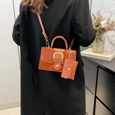 Vintage Krokodillenpatroon PU Leer Schoudertas Voor Dames Gouden Gesp Twee-In-Eén Tote Crossbody Handtas Met Mini Tasje
