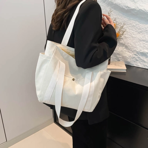 Minimalist Large Capacity Canvas Tote Bag For Women Solid Color Commuting Shoulder Bag With Zipper Pocket Casual Handbag