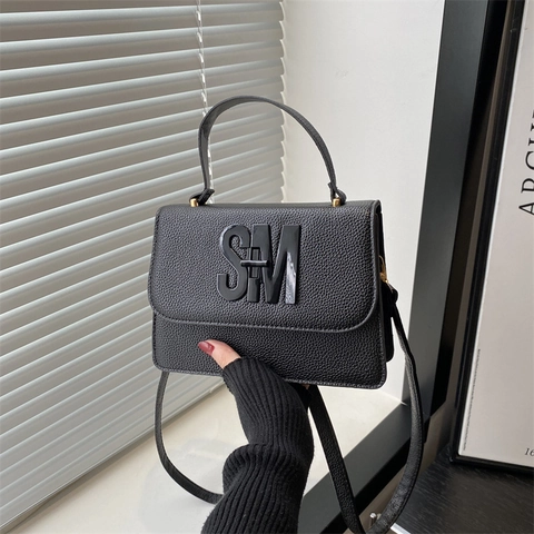 Damen Mode Lychee Muster PU Leder Kleine Quadratische Tasche Großer Buchstaben Logo Klappe Schulter Umhängetasche Pendeln Tasche