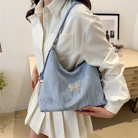 Women Butterfly Crinkled PU Leather Tote Bag Large Capacity Casual Shoulder Crossbody Bag Hobo Bag With Chain Strap