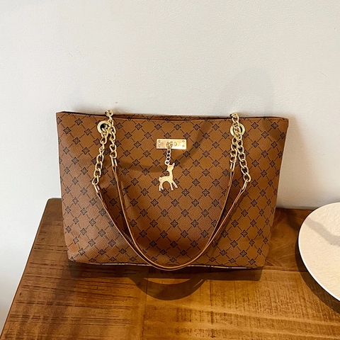 Borsa Tote Vintage con Monogramma da Donna in Pelle PU a Grande Capacità Borsa a Spalla con Pendente a Cervo e Catena Moda