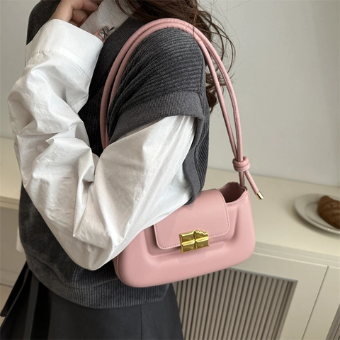 Borsa Sottobraccio Chic in Pelle PU Stile Francese per Donna Con Fibbia Dorata a Forma di Cioccolato e Tracolla Con Nodo