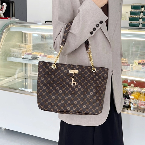 Borsa Tote Grande alla Moda Donna in Pelle PU Stampa Floreale Geometrica Borsa a Spalla Catena in Metallo Ciondolo Cervo Borsa da Ufficio