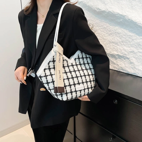 Retro Kariert Tweed Eimer Tasche Für Damen Winter Große Kapazität PU Leder Schulter Umhängetasche Mode Tote Bag Mit Band Dekor