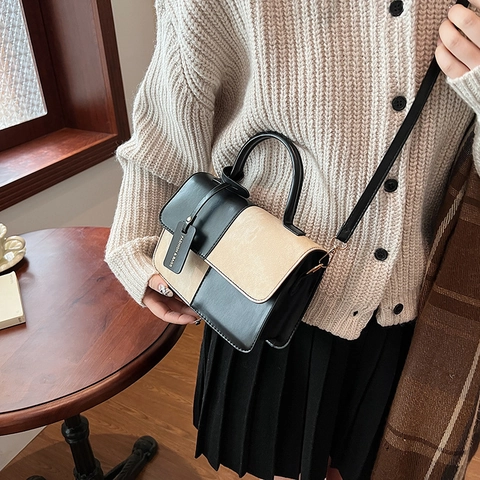 Bolso de Hombro de Cuero PU para Mujer Contraste de Color Patchwork Bolso de Mano Cuadrado Pequeño Retro Bandolera Diario