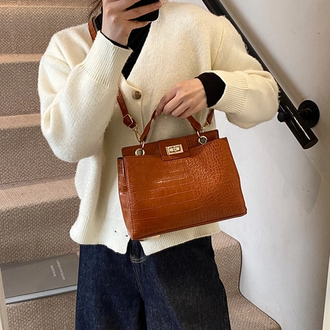 2024 Mode Femmes Motif Crocodile Sac Carré en Cuir PU Grande Capacité Navette Sac à Épaule Sac Bandoulière Sac à Main avec Fermoir