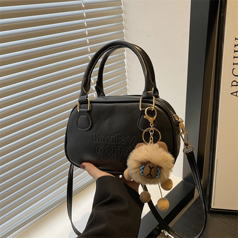 Women Retro PU Leather Boston Handbag Elegant Maillard Style Shoulder Crossbody Square Bag With Plush Animal Pendant Decoration