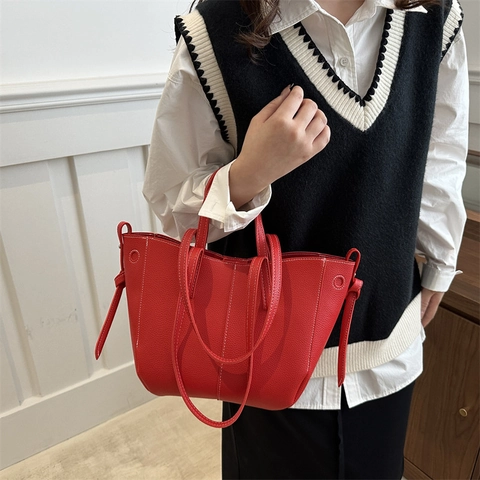 Women's Fashion PU Leather Tote Bag Large Capacity Litchi Pattern Shoulder Bag Contrast Stitching Commuting Daily Handbag