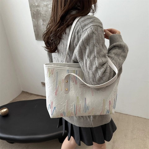 Mode Bestickte Jacquard Tragetasche Für Damen Große Kapazität Schultertasche Trendige Lässige Pendler Stoffhandtasche Buntes Muster Tasche